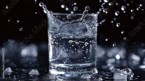 Dynamic Water Splash in Glass Against Black Background for Beverage Promotion