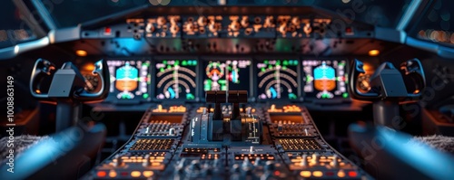 Airplane cockpit with pilot controls, intricate and hightech, Urban, Cool tones, Photograph, Aviation detail