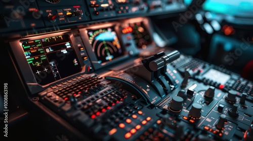 Airplane cockpit with pilot controls, intricate and hightech, Urban, Cool tones, Photograph, Aviation detail