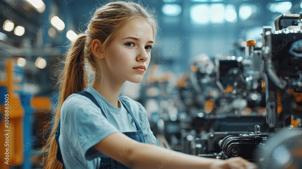 A slender woman in a factory, operating heavy machinery with focus and determination A slender woman in a factory, operating heavy machinery with focus and determination