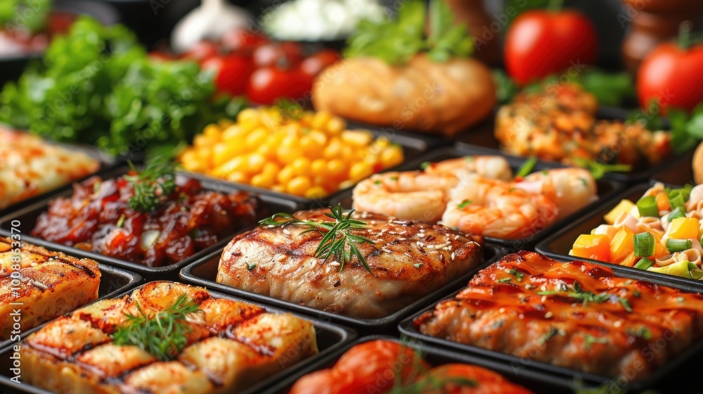 Fototapeta premium A mouth-watering array of assorted grilled seafood and side dishes beautifully plated with fresh herbs and vegetables