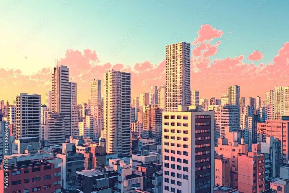 Fototapeta premium An anime cinematic scene filled with adventure, blending urban and suburban landscapes with elements of fantasy architecture, creating an exciting and visually captivating world