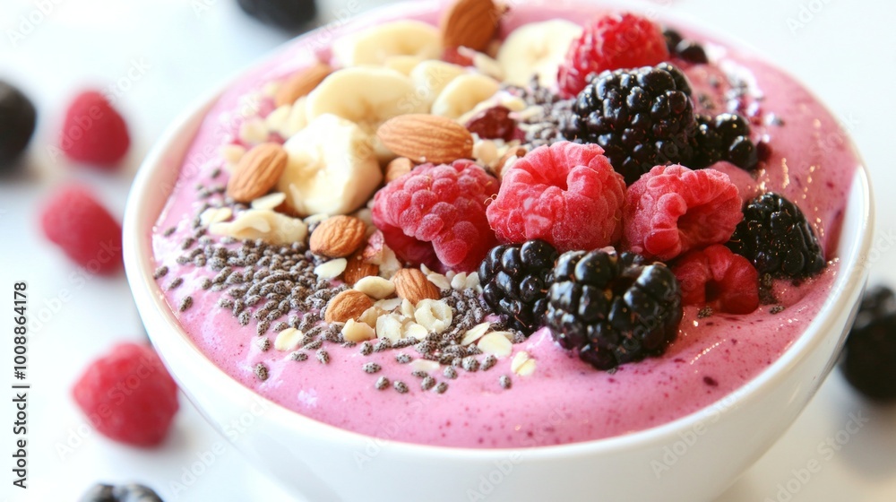 A colorful smoothie bowl topped with fresh berries, nuts, and seeds, showcasing healthy eating and vibrant lifestyle choices. A colorful smoothie bowl topped with fresh berries, nuts, and seeds, showcasing healthy eating and vibrant lifestyle choices.
