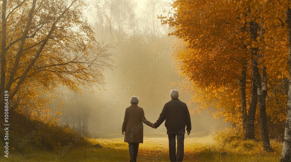 An elderly couple strolls hand-in-hand through a misty autumn landscape. An elderly couple strolls hand-in-hand through a misty autumn landscape.