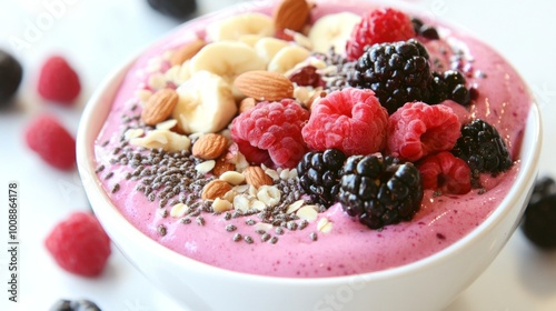 A colorful smoothie bowl topped with fresh berries, nuts, and seeds, showcasing healthy eating and vibrant lifestyle choices. 