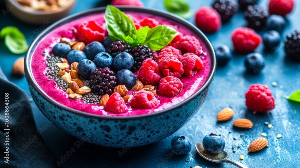 A colorful smoothie bowl topped with fresh berries, nuts, and seeds, showcasing healthy eating and vibrant lifestyle choices. A colorful smoothie bowl topped with fresh berries, nuts, and seeds, showcasing healthy eating and vibrant lifestyle choices.