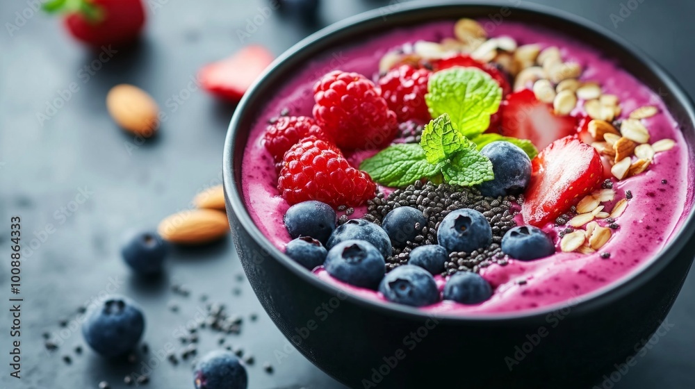 A colorful smoothie bowl topped with fresh berries, nuts, and seeds, showcasing healthy eating and vibrant lifestyle choices. A colorful smoothie bowl topped with fresh berries, nuts, and seeds, showcasing healthy eating and vibrant lifestyle choices.