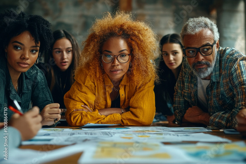 A diverse group of businesspeople gathered around an office floor, brainstorming ideas on paper and digital devices in the style of documentary photography. 