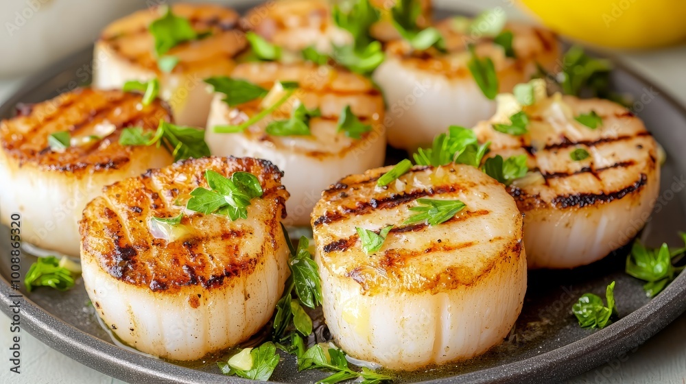 Grilled scallops garnished with fresh herbs on a dark plate, ideal for gourmet dishes. Grilled scallops garnished with fresh herbs on a dark plate, ideal for gourmet dishes.