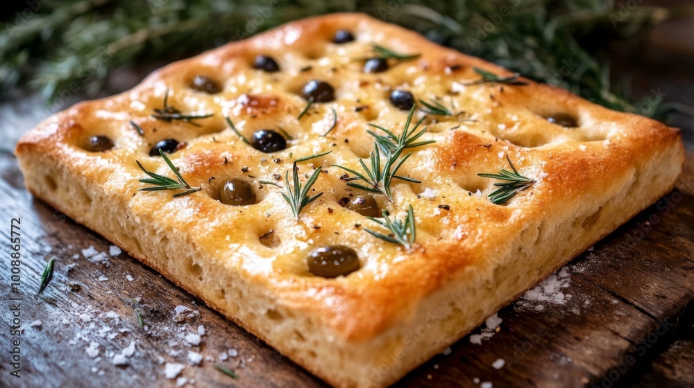 Freshly Baked Focaccia with Olive and Rosemary Garnish