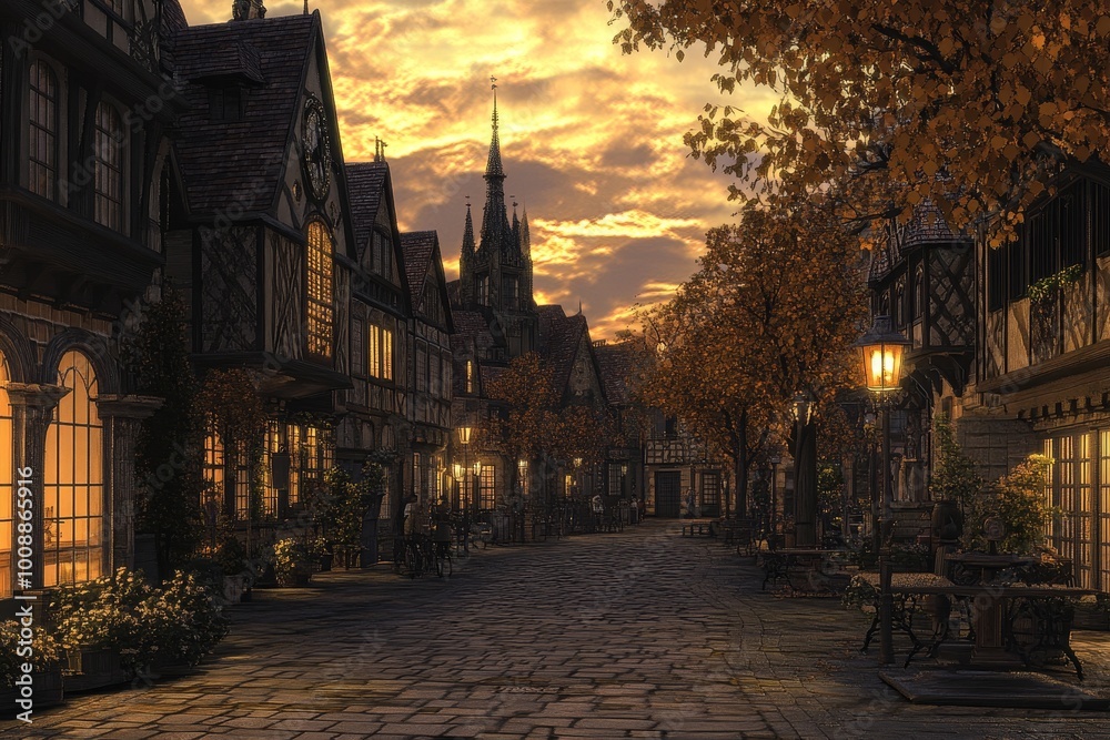 Fototapeta premium An anime cinematic scene filled with adventure, blending urban and suburban landscapes with elements of fantasy architecture, creating an exciting and visually captivating world