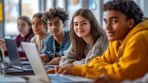 A diverse group of students engaged in an online lesson, using laptops and video conferencing to study remotely, highlighting modern education. 