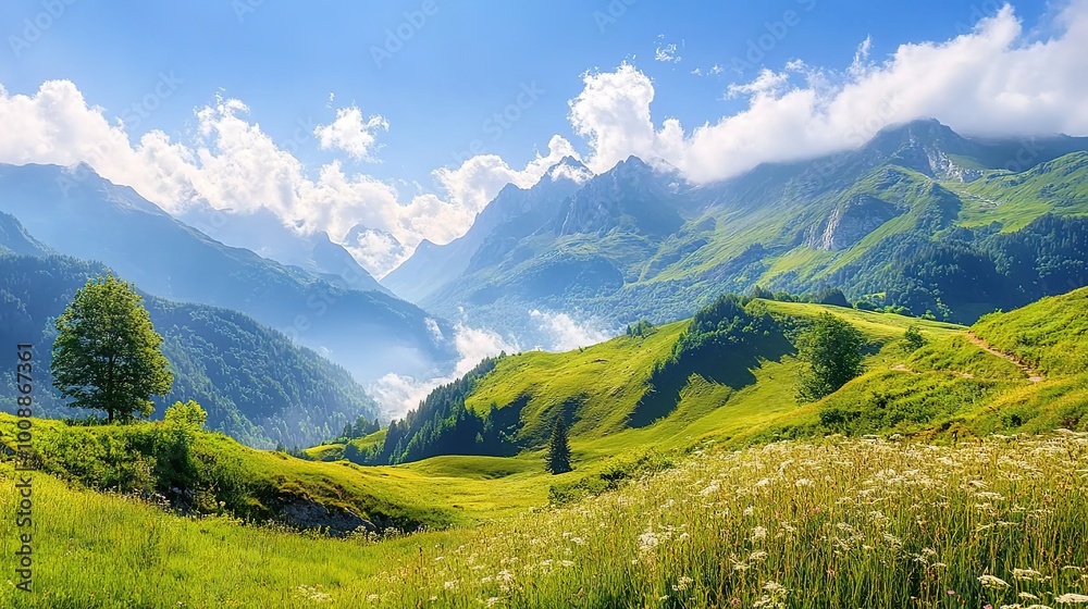 Obraz premium Stunning French Mountain Landscape with Rolling Hills and Clear Blue Sky,This image captures the breathtaking beauty of a French mountain landscape, showcasing majestic peaks,