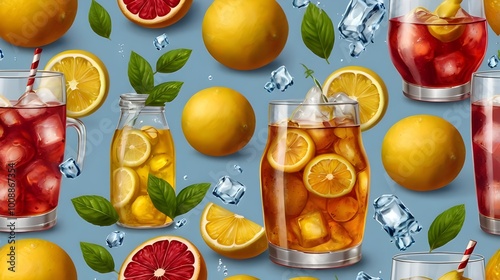 Ice cold and fresh beverage collection, ice tea, yellow citrus and red berry lemonade, isolated on a transparent background, Generative AI 