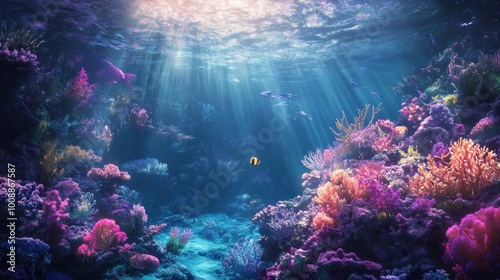 Underwater Scene with Colorful Coral Reef and Sunlight Beams