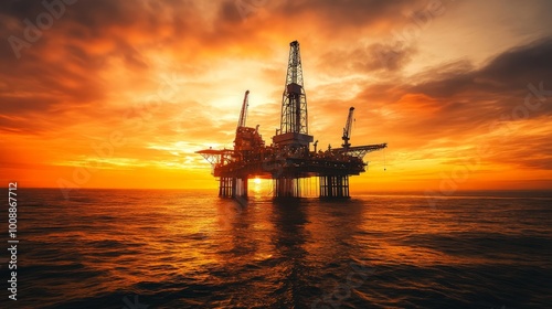 Offshore oil rig illuminated by the setting sun, surrounded by calm ocean waters, and a dramatic orange sky