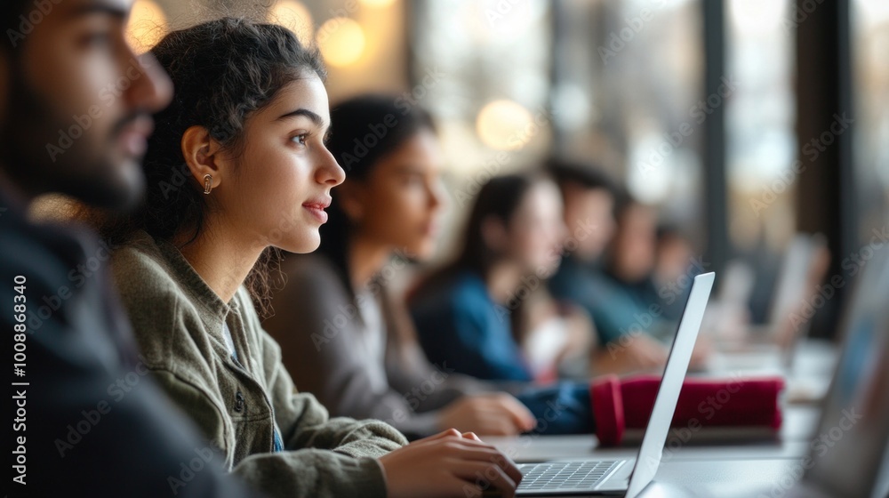 A group of students of various ages sitting at home, focused on their laptops during an online class, symbolizing the modern shift towards remote education. A group of students of various ages sitting at home, focused on their laptops during an online class, symbolizing the modern shift towards remote education.