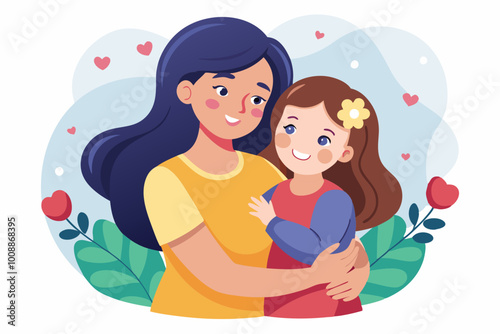 Mother is hugging her daughter. Happy Mother's day. Parent support. Mother and daughter. Vector art illustration