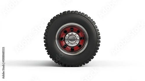 Front View of a Bus Wheel Isolated on a White Background,This image showcases the front view of a bus wheel, highlighting its robust design and intricate details. The wheel is set against a clean whi