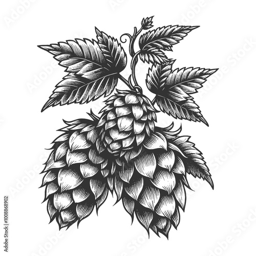 hops, showing clusters and leaves, ideal for beer-related designs or botanical prints sketch engraving generative ai vector illustration. Scratch board imitation. Black and white image.