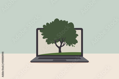 Laptop with tree on screen, technology and sustainability concept.