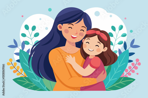 Mother is hugging her daughter. Happy Mother's day. Parent support. Mother and daughter. Vector art illustration