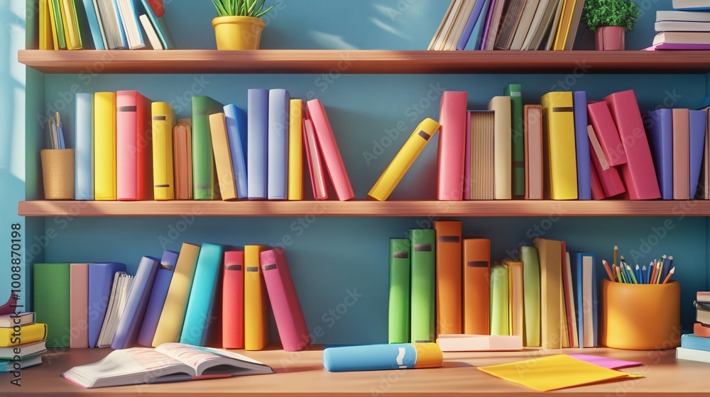 Fototapeta premium 3D Colorful Textbooks and Journals on a Bright Bookshelf