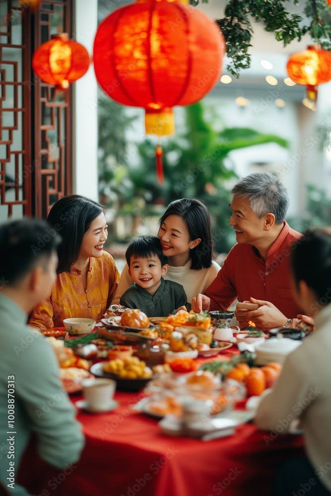 family gathering for a Lunar New Year's feast with a Lunar New Year theme family gathering for a Lunar New Year's feast with a Lunar New Year theme