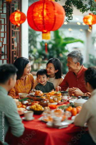 family gathering for a Lunar New Year's feast with a Lunar New Year theme photo