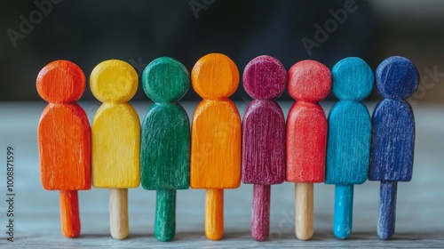 A row of colorful wooden figures standing in a line on a wooden table.