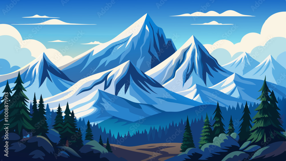 Snowy mountain peaks and fir trees in a serene winter vector landscape Snowy mountain peaks and fir trees in a serene winter vector landscape