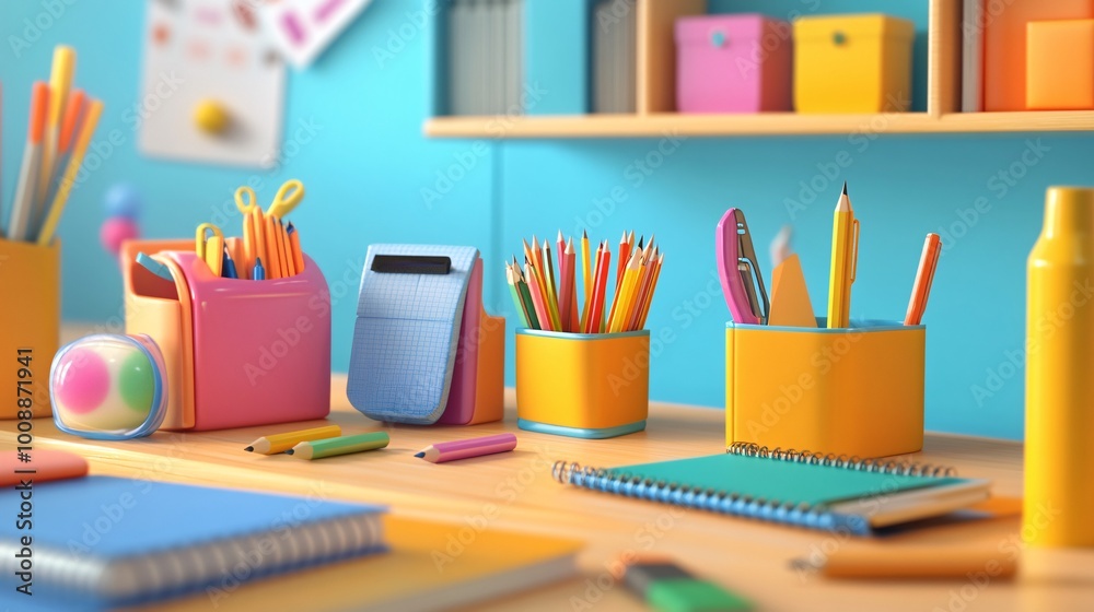 3D Neatly Arranged School Supplies on a Desk 3D Neatly Arranged School Supplies on a Desk