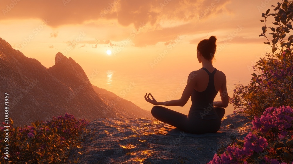 A peaceful woman in a yoga pose, meditating on a hill during sunrise, surrounded by nature, symbolizing calmness and balance. A peaceful woman in a yoga pose, meditating on a hill during sunrise, surrounded by nature, symbolizing calmness and balance.