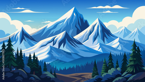 Snowy mountain peaks and fir trees in a serene winter vector landscape 