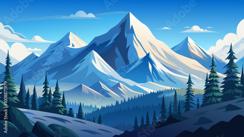 Snow-capped winter mountain landscape with fir trees forest 