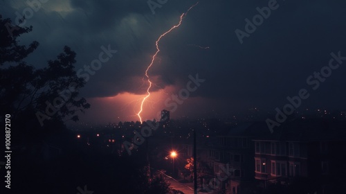 Lightning Strike Over a Cityscape at Night