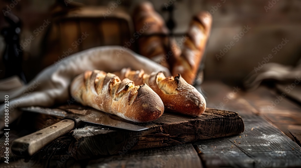 Fresh bread on a rustic table, warm and inviting, Culinary, Soft tones, Photograph, Homemade delight Fresh bread on a rustic table, warm and inviting, Culinary, Soft tones, Photograph, Homemade delight