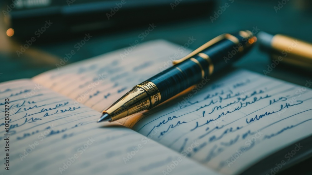 A Gold-Trimmed Pen Resting on an Open Notebook A Gold-Trimmed Pen Resting on an Open Notebook