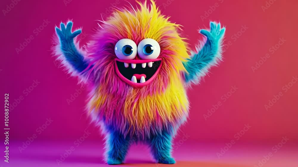 A colorful, furry monster with big eyes and a wide grin stands against a bright pink background A colorful, furry monster with big eyes and a wide grin stands against a bright pink background