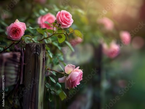 Garden fence with climbing roses, charming and inviting, Botanical, Soft greens, Photograph, Floral detail photo