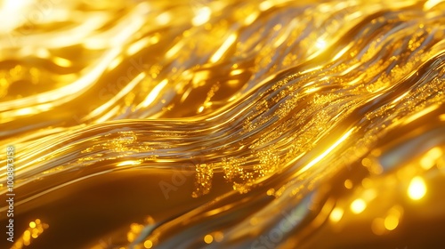 Abstract background with golden waves of liquid metal, golden color, golden texture