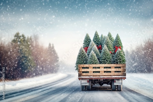 Truck carrying Christmas trees on snowy road photo