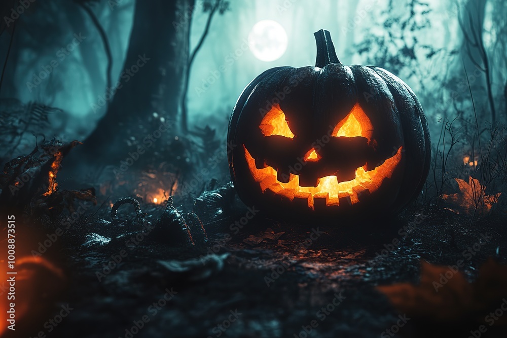 Naklejka premium A jack-o'-lantern with a sinister grin sits in a spooky field under a full moon and cloudy sky.