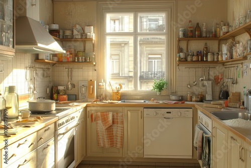 Cocina real ligeramente desordenada, iluminada por la luz de la mañana. Los estantes abiertos están llenos de utensilios y botellas, lo que añade un toque de calidez y realidad al espacio. photo