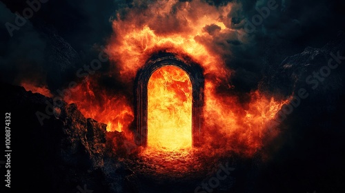 Gate to Hell: Passage to the Realm of the Dead,This dramatic image depicts a fiery gate to hell, characterized by an imposing structure engulfed in flames. The gate is adorned with ominous symbols 