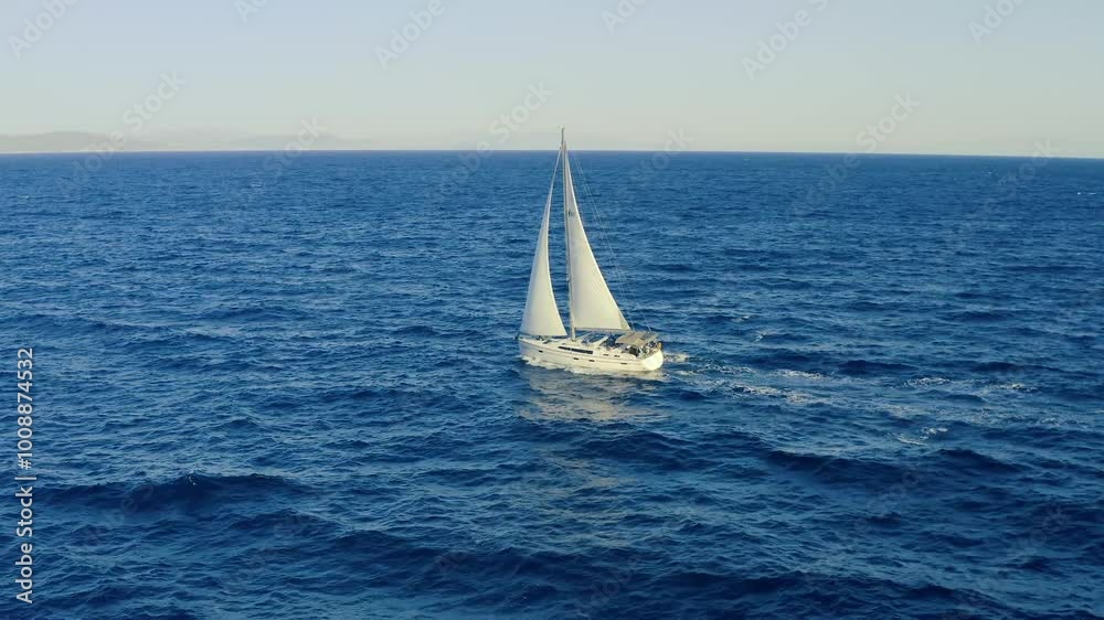 Sailing boat with white sails, cloudy sky and rippled sea background video footage 4k,