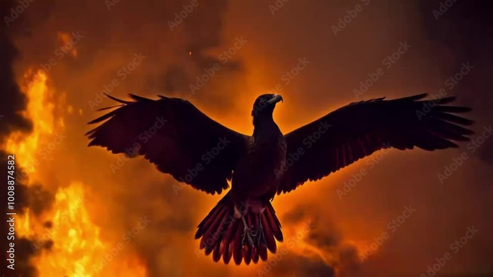 A fiery bird with its wings spread out, surrounded by a cloud of smoke and fire. Concept of danger and destruction, as the bird's fiery appearance and the surrounding flames suggest a powerful