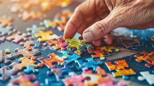 Hand Picking Colorful Puzzle Piece from a Scattered Pile,National Puzzle Day