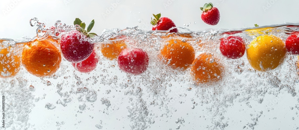 Fresh Fruits Splashing in Water - Vibrant Strawberries, Oranges, and Lemons in Motion with Bubbles and Clear Background Fresh Fruits Splashing in Water - Vibrant Strawberries, Oranges, and Lemons in Motion with Bubbles and Clear Background