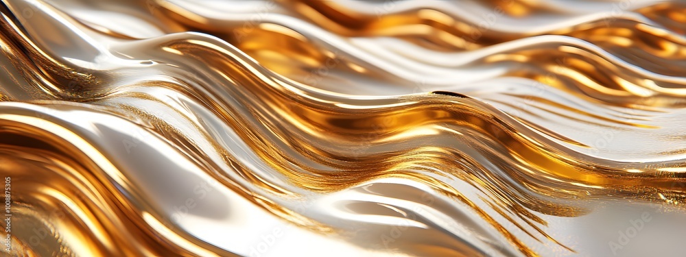 Abstract background with golden waves of liquid metal, golden color, golden texture